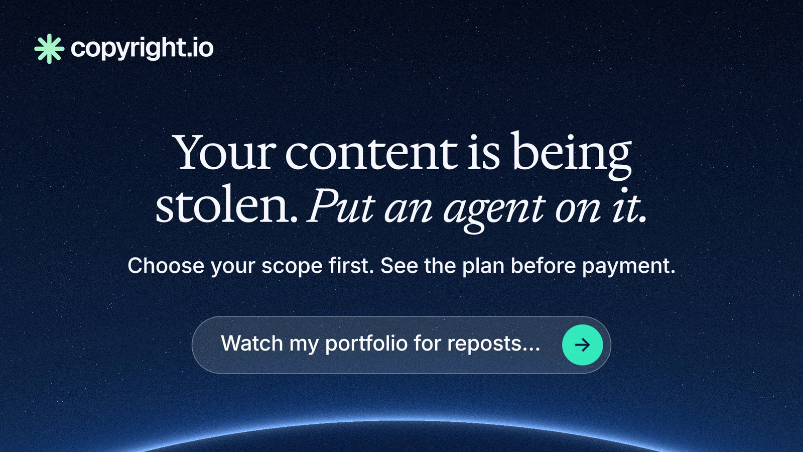 Landscape graphic for copyright.io: "Your content is being stolen. Put an agent on it." Agentic glass style, centred layout, dark palette in blue, black.