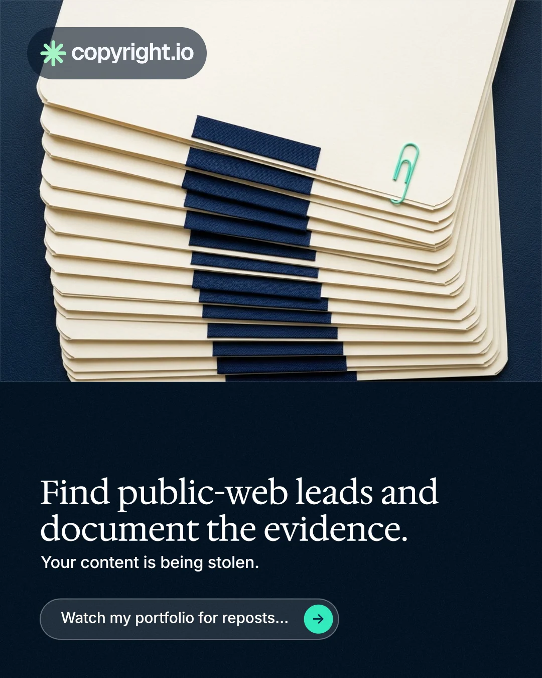 Instagram portrait post for copyright.io: "Find public-web leads and document the evidence." Agentic glass style, bottom layout, dark palette in yellow, black, blue.