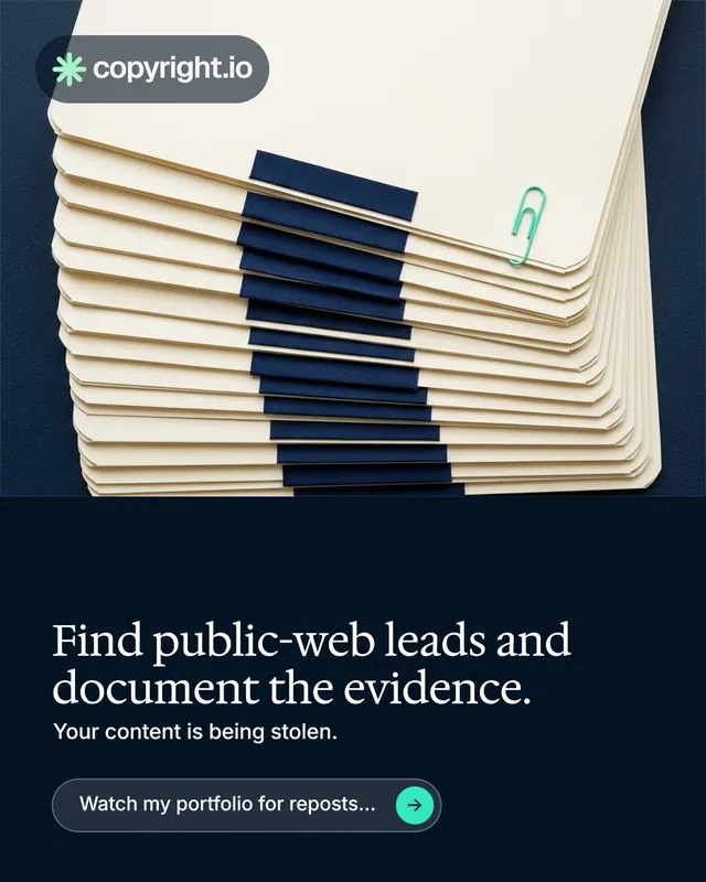 Instagram portrait post for copyright.io: "Find public-web leads and document the evidence." Agentic glass style, bottom layout, dark palette in yellow, black, blue.