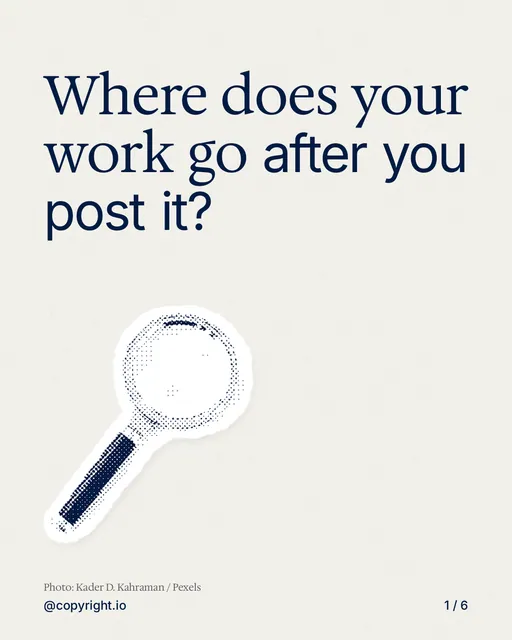 Carousel for copyright.io: "Where does your work go after you post it?". Cutout essay, 6 slides, light palette.