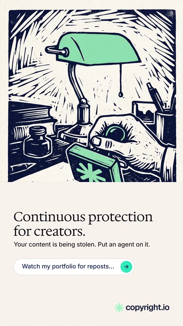 Instagram story for copyright.io: "Continuous protection for creators." Agentic glass style, bottom layout, light palette in white, grey.