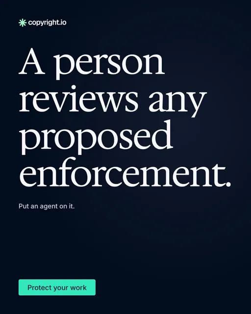 Video for copyright.io: "A person reviews any proposed enforcement.". Doc motion loop, 7.0 s, dark palette.