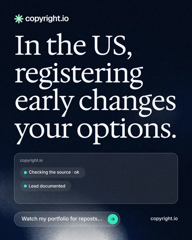 Instagram portrait post for copyright.io: "In the US, registering early changes your options." Thermal style, poster layout, dark palette in blue, black, grey.