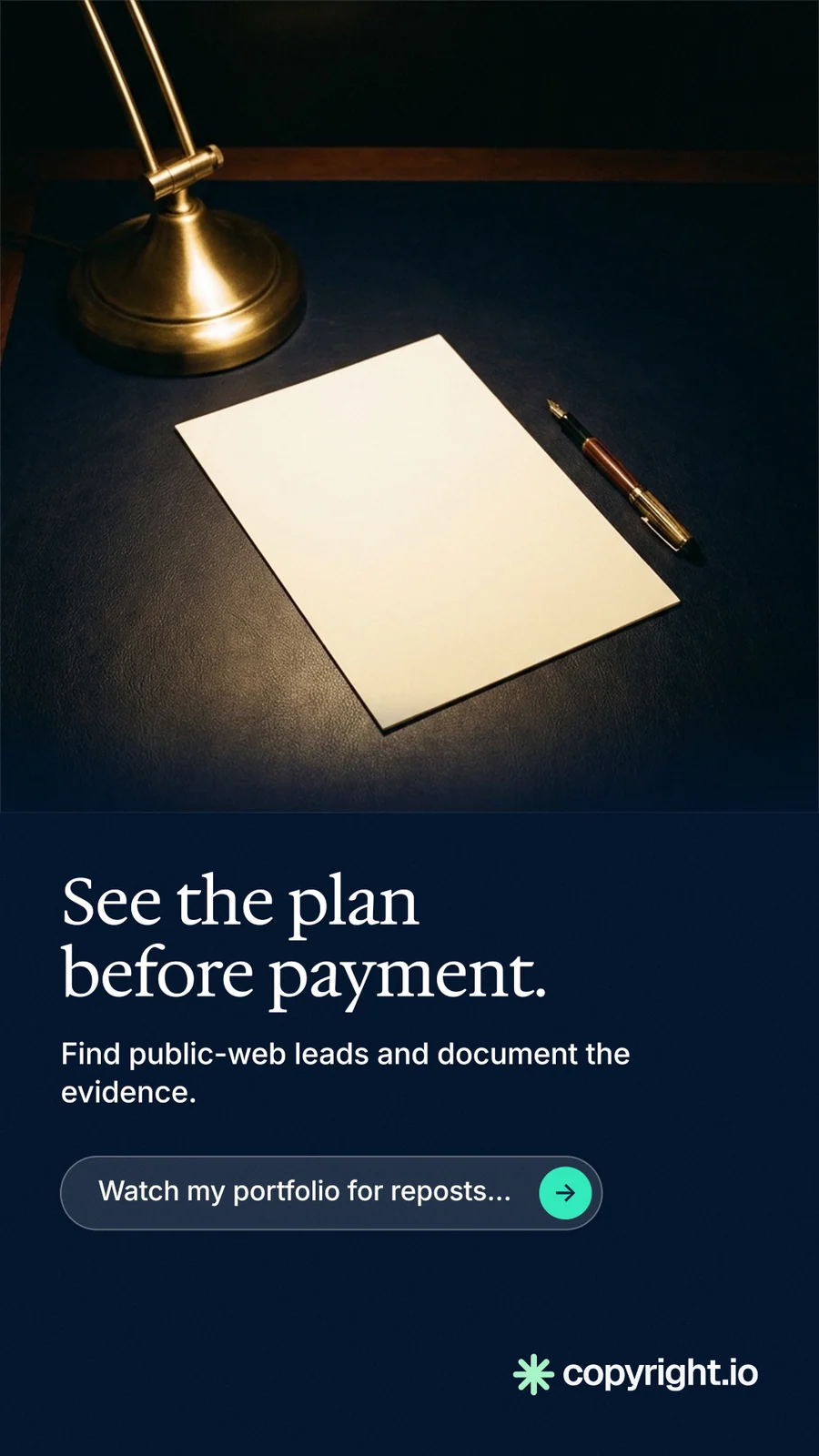 Instagram story for copyright.io: "See the plan before payment." Agentic glass style, bottom layout, dark palette in black, grey.