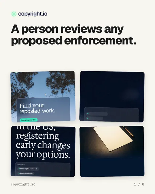 Carousel for copyright.io: "A person reviews any proposed enforcement.". Collection carousel, 8 slides, light palette.