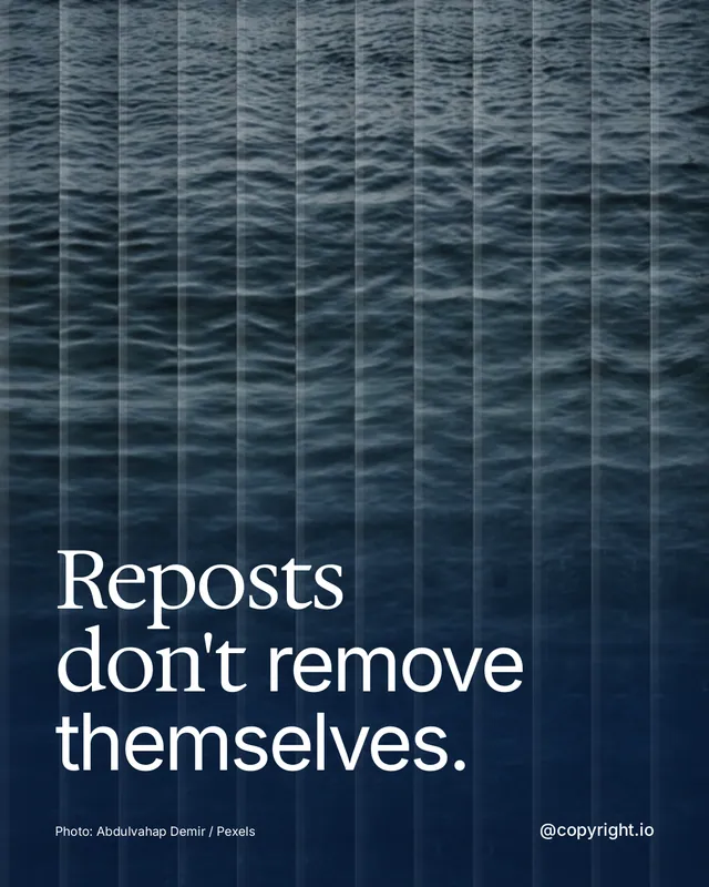 Instagram portrait post for copyright.io: "Reposts don't remove themselves." Photo style, technique:fluted glass layout, dark palette in blue, grey.
