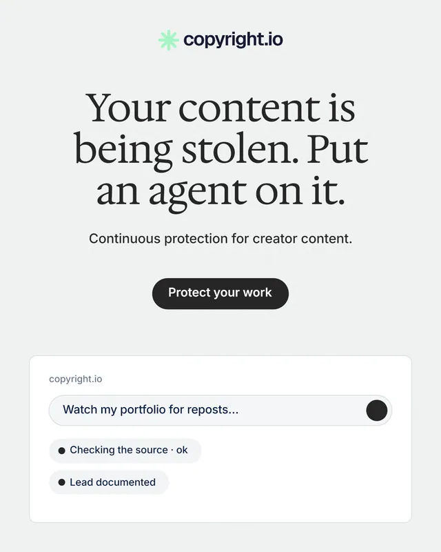Instagram portrait post for copyright.io: "Your content is being stolen. Put an agent on it." Data card style, centred layout, light palette in white.