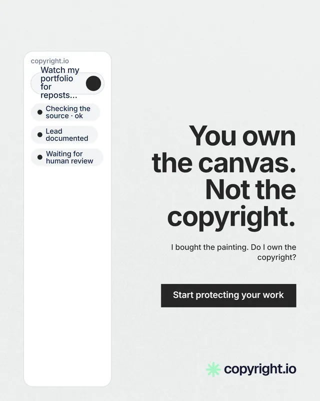 Instagram portrait post for copyright.io: "You own the canvas. Not the copyright." Swiss style, right layout, light palette in white, grey.