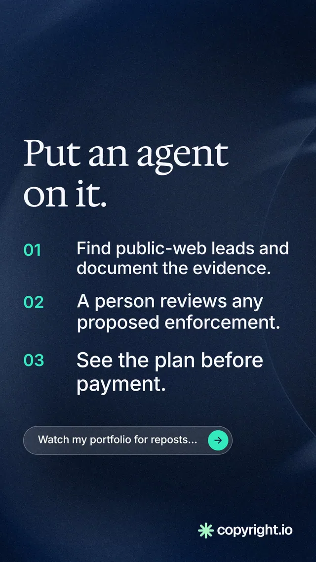 Instagram story for copyright.io: "Put an agent on it." Agentic glass style, numbered layout, dark palette in blue, black, grey.