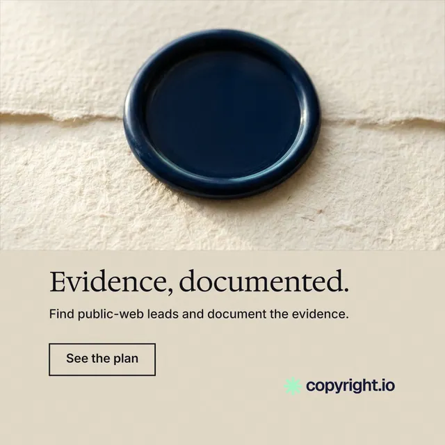 Instagram post for copyright.io: "Evidence, documented." Editorial style, bottom layout, light palette in orange, yellow, black.