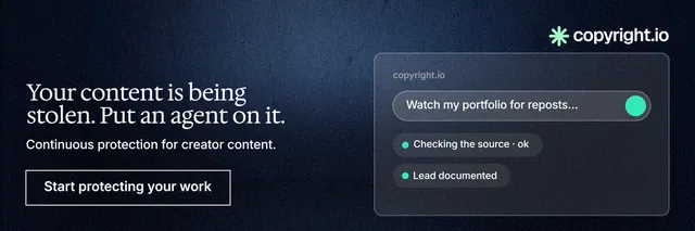 X header for copyright.io: "Your content is being stolen. Put an agent on it." Dark deco style, bottom layout, dark palette in black, blue, grey.