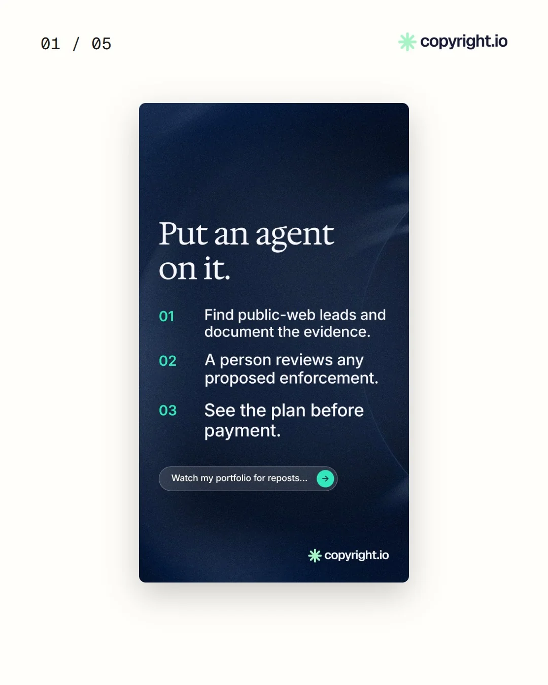 Video for copyright.io. Ad flipbook, 7.5 s, light palette.