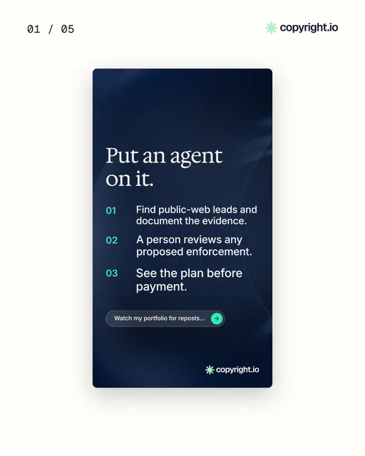 Video for copyright.io. Ad flipbook, 7.5 s, light palette.