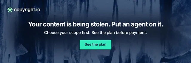 X header for copyright.io: "Your content is being stolen. Put an agent on it." Swiss style, centred layout, dark palette in blue, black, teal.
