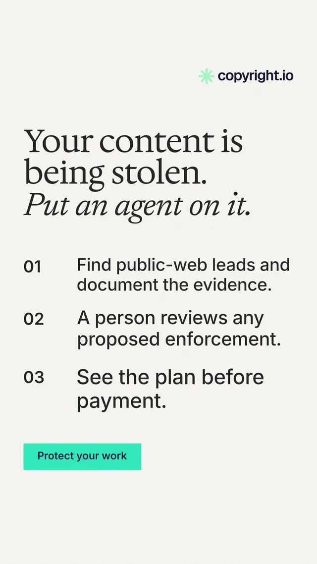 Instagram story for copyright.io: "Your content is being stolen. Put an agent on it." Swiss style, numbered layout, light palette in white, grey.