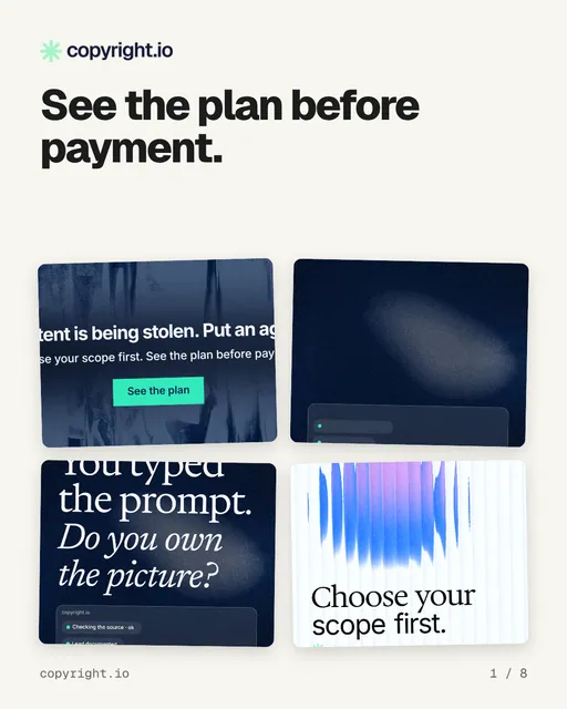 Carousel for copyright.io: "See the plan before payment.". Collection carousel, 8 slides, light palette.