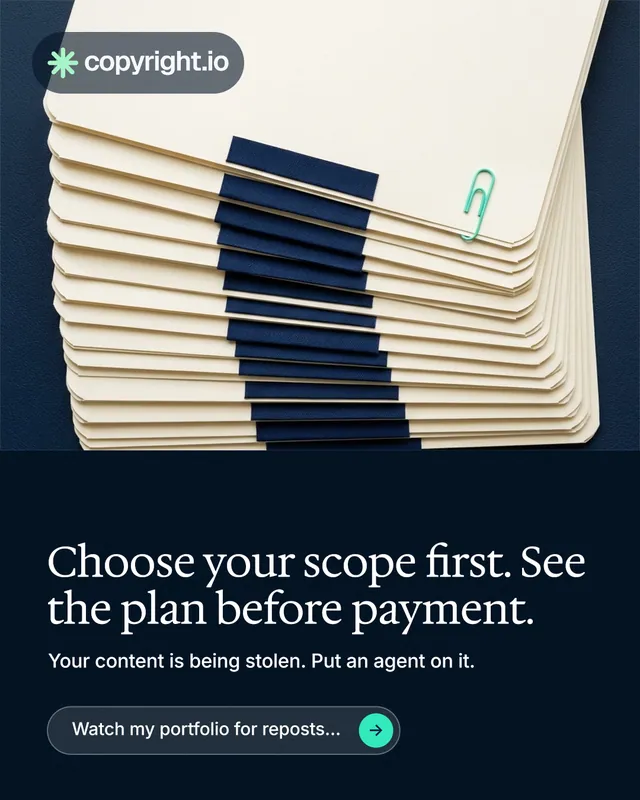 Instagram portrait post for copyright.io: "Choose your scope first. See the plan before payment." Agentic glass style, bottom layout, dark palette in yellow, black, blue.