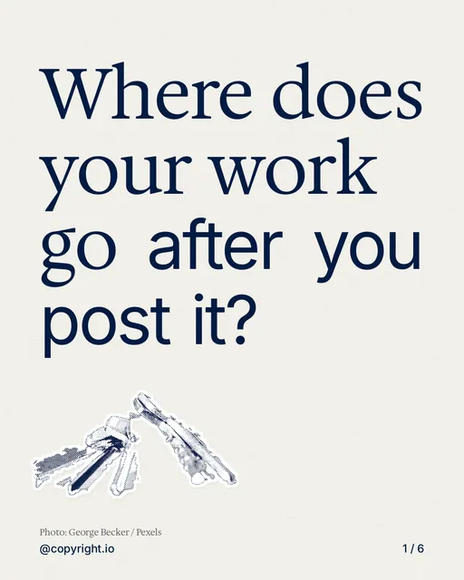 Carousel for copyright.io: "Where does your work go after you post it?". Cutout essay, 6 slides, light palette.