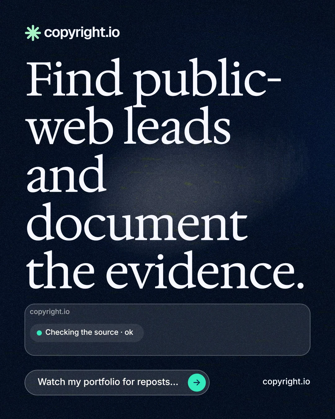 Instagram portrait post for copyright.io: "Find public-web leads and document the evidence." Thermal style, poster layout, dark palette in blue, black, grey.
