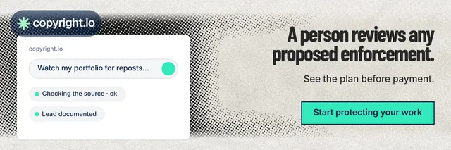X header for copyright.io: "A person reviews any proposed enforcement." Ink sticker style, right layout, light palette in green, grey, white.