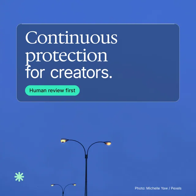 Instagram post for copyright.io: "Continuous protection for creators." Glass style, technique:pexels ingredient layout, dark palette in blue.