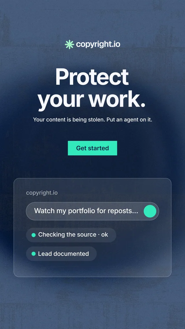 Instagram story for copyright.io: "Protect your work." Swiss style, centred layout, dark palette in blue.