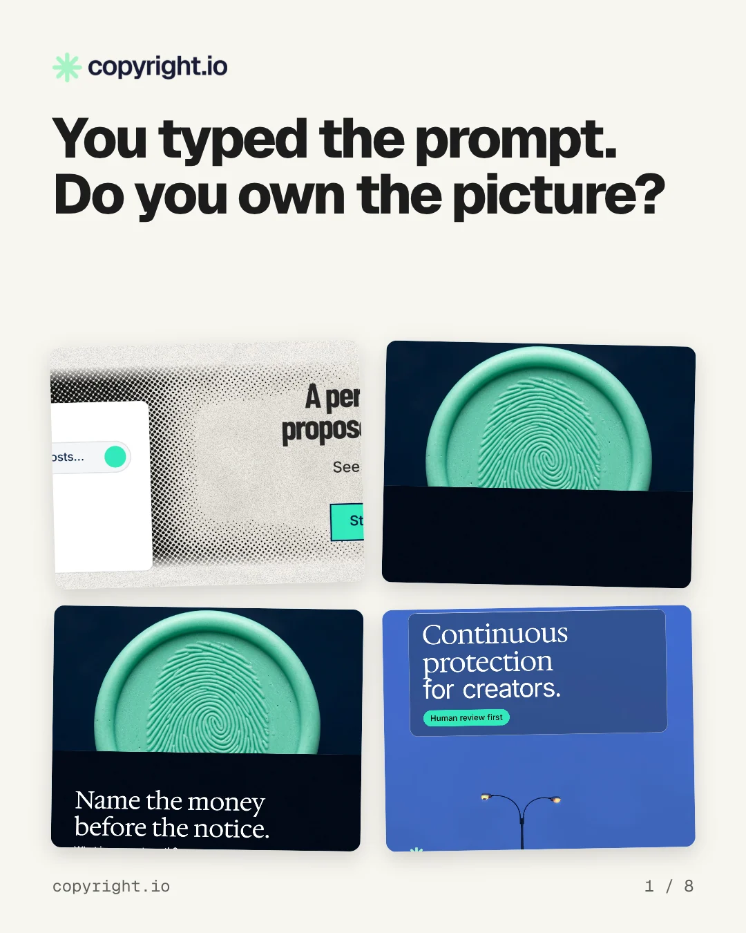 Carousel for copyright.io: "You typed the prompt. Do you own the picture?". Collection carousel, 8 slides, light palette.