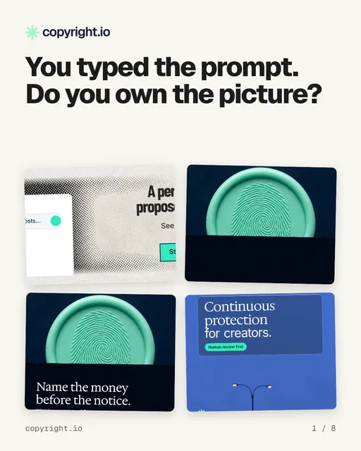 Carousel for copyright.io: "You typed the prompt. Do you own the picture?". Collection carousel, 8 slides, light palette.