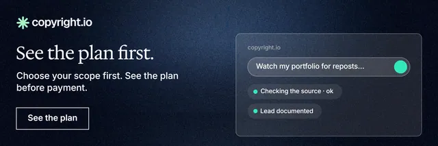 X header for copyright.io: "See the plan first." Dark deco style, bottom layout, dark palette in black, blue, grey.
