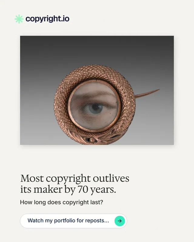 Instagram portrait post for copyright.io: "Most copyright outlives its maker by 70 years." Agentic glass style, bottom layout, light palette in white, grey.