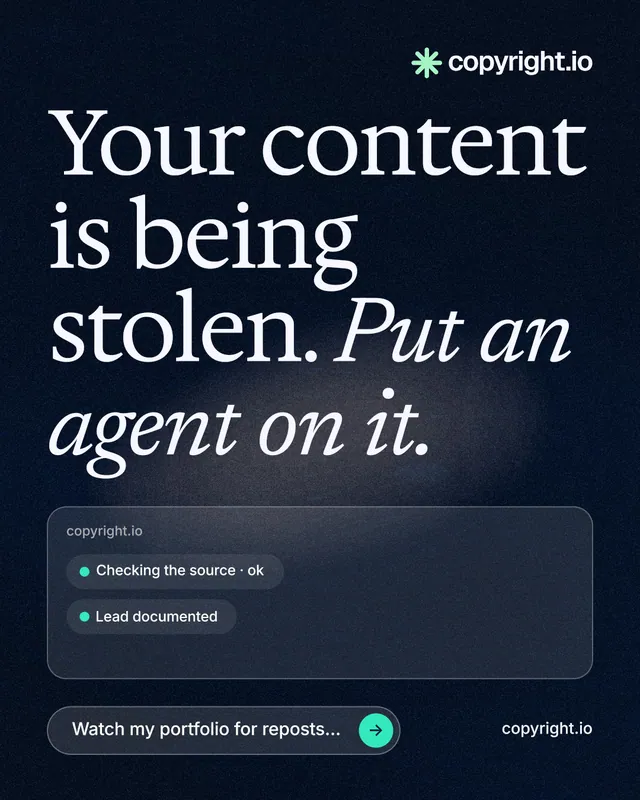 Instagram portrait post for copyright.io: "Your content is being stolen. Put an agent on it." Thermal style, poster layout, dark palette in blue, black, grey.