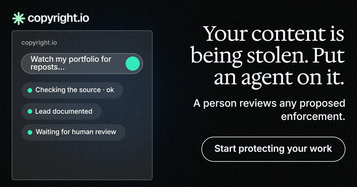 Social ad for copyright.io: "Your content is being stolen. Put an agent on it." Phosphor atlas style, right layout, dark palette in black, grey.