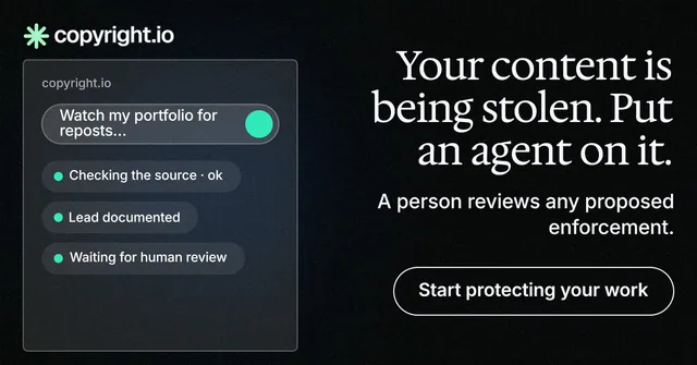 Social ad for copyright.io: "Your content is being stolen. Put an agent on it." Phosphor atlas style, right layout, dark palette in black, grey.