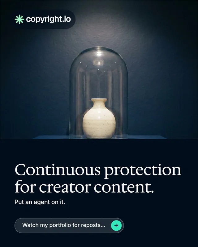 Instagram portrait post for copyright.io: "Continuous protection for creator content." Agentic glass style, bottom layout, dark palette in blue, black, grey.
