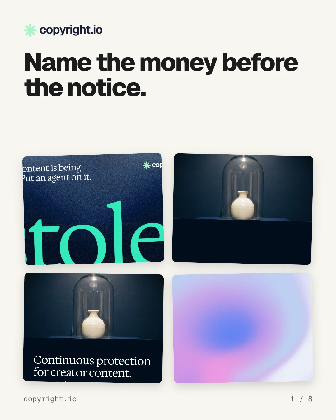 Carousel for copyright.io: "Name the money before the notice.". Collection carousel, 8 slides, light palette.