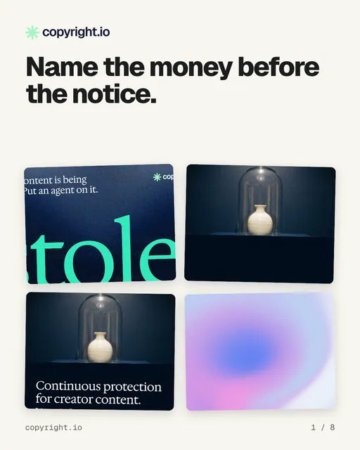Carousel for copyright.io: "Name the money before the notice.". Collection carousel, 8 slides, light palette.