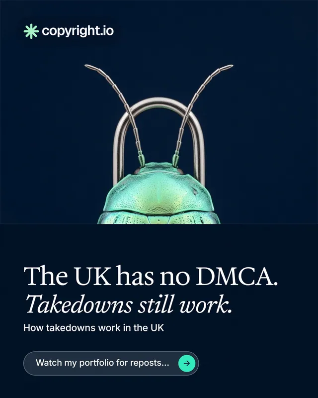 Instagram portrait post for copyright.io: "The UK has no DMCA. Takedowns still work." Agentic glass style, bottom layout, dark palette in black, blue.
