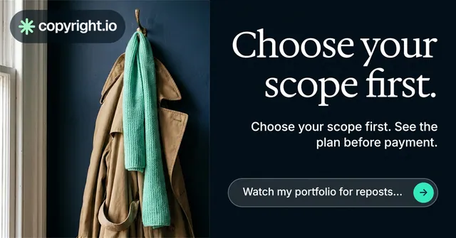 Social ad for copyright.io: "Choose your scope first." Agentic glass style, right layout, dark palette in black, grey.