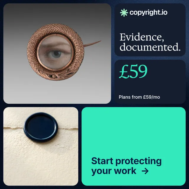 Instagram post for copyright.io: "Evidence, documented." Agentic glass style, bento layout, light palette in grey, blue, teal.