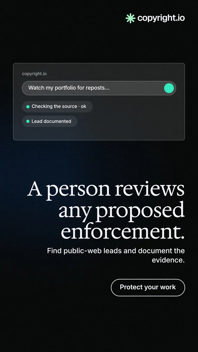 Instagram story for copyright.io: "A person reviews any proposed enforcement." Phosphor atlas style, right layout, dark palette in black.