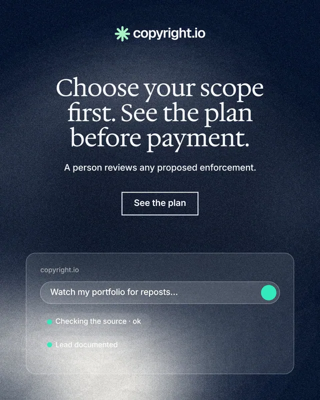 Instagram portrait post for copyright.io: "Choose your scope first. See the plan before payment." Cyanotype style, centred layout, dark palette in blue, black, grey.
