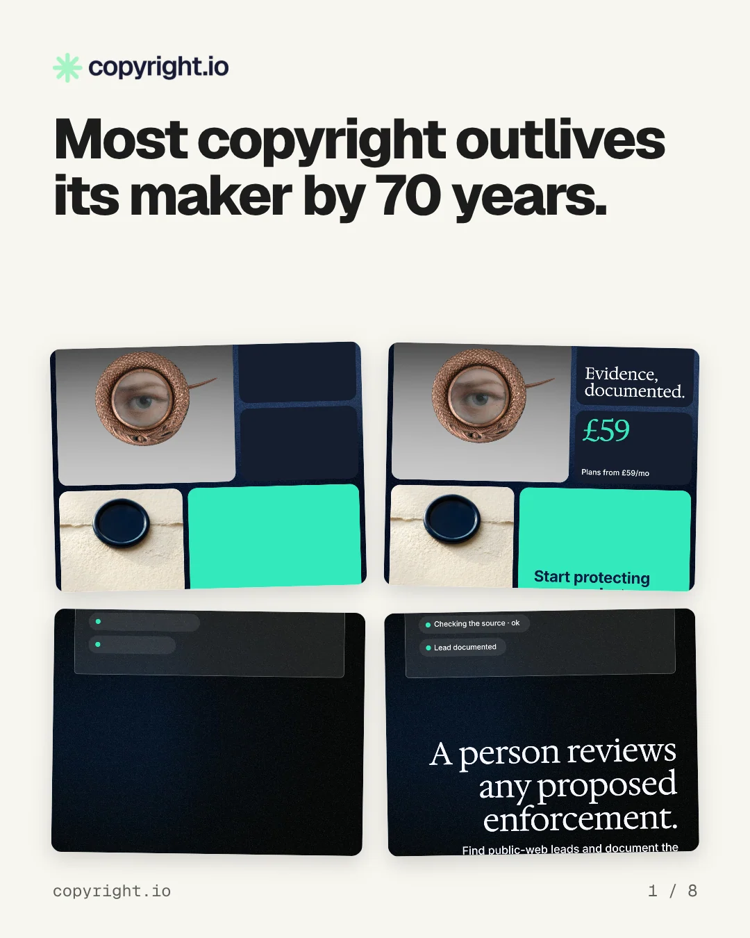 Carousel for copyright.io: "Most copyright outlives its maker by 70 years.". Collection carousel, 8 slides, light palette.