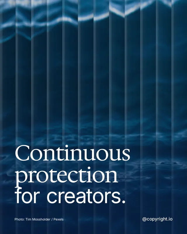 Instagram portrait post for copyright.io: "Continuous protection for creators." Photo style, technique:fluted glass layout, dark palette in blue.