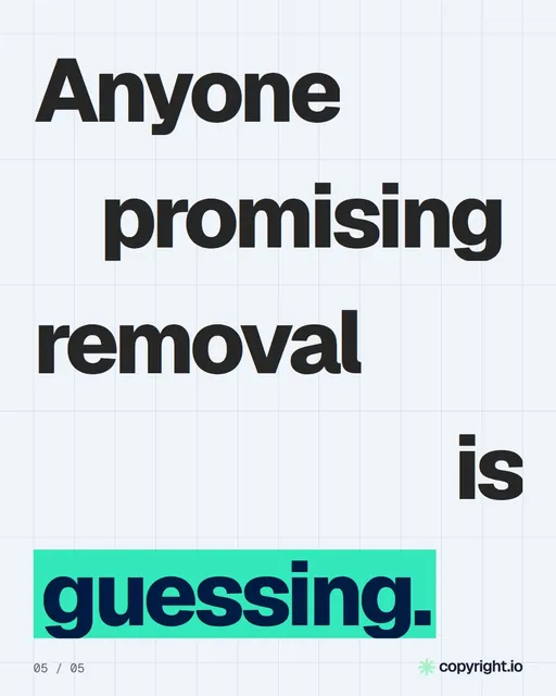 Video for copyright.io: "Anyone promising removal is guessing.". Kinetic type grid, 6.0 s, light palette.