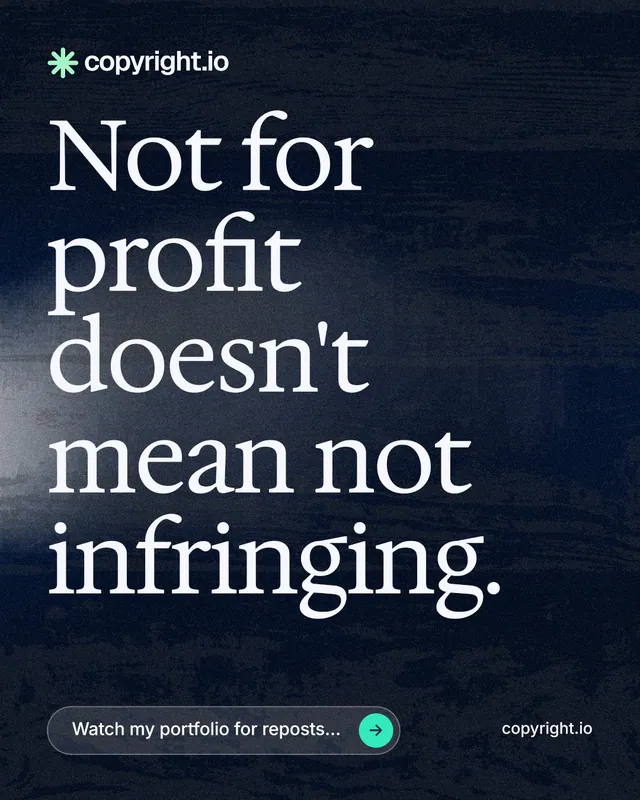 Instagram portrait post for copyright.io: "Not for profit doesn't mean not infringing." Thermal style, poster layout, dark palette in black, blue, grey.