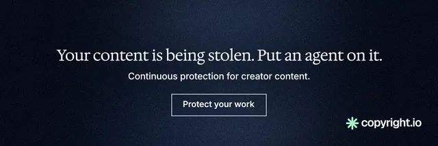 X header for copyright.io: "Your content is being stolen. Put an agent on it." Dark deco style, centred layout, dark palette in blue, black.