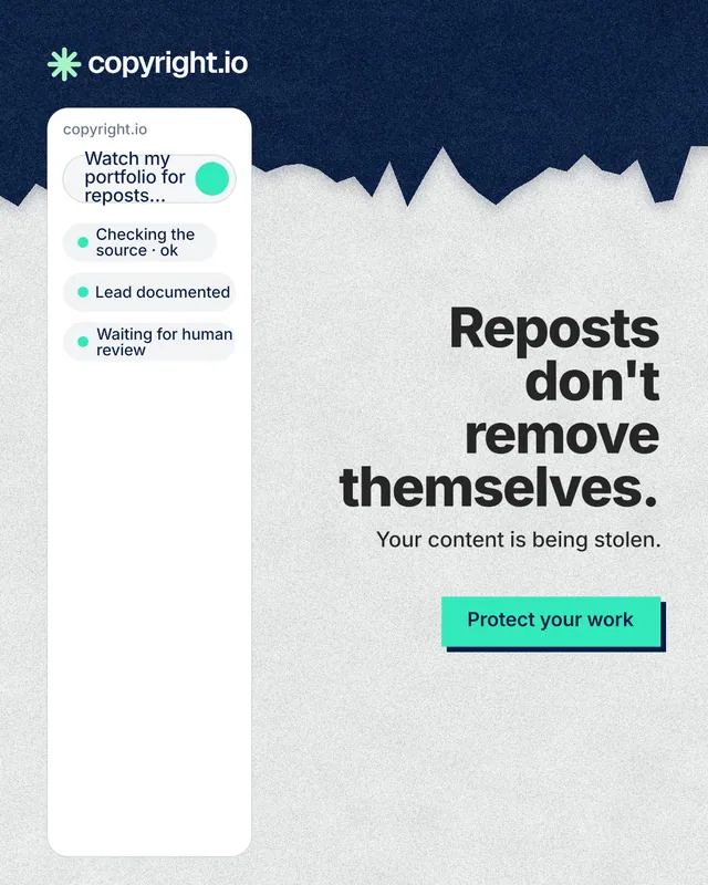 Instagram portrait post for copyright.io: "Reposts don't remove themselves." Paper trio style, right layout, light palette in white, blue.
