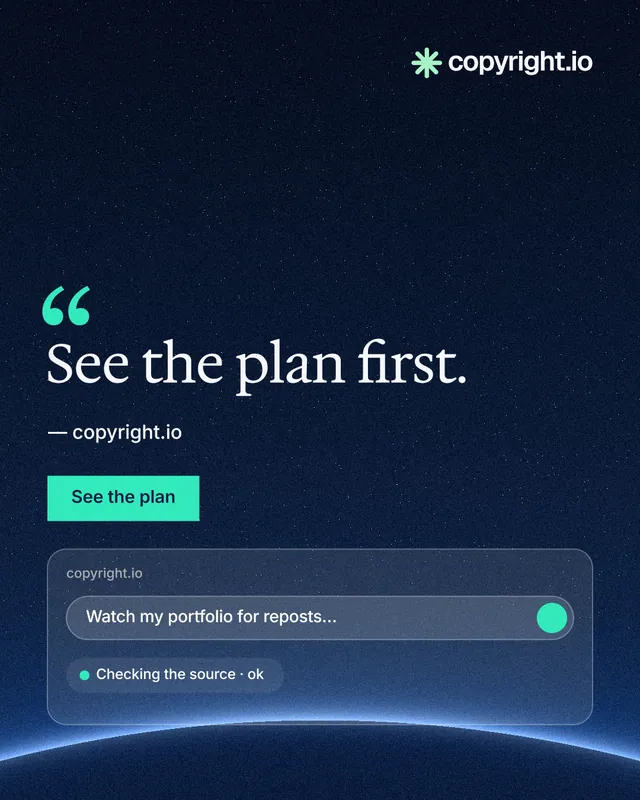 Instagram portrait post for copyright.io: "See the plan first." Swiss style, quote layout, dark palette in black, blue.