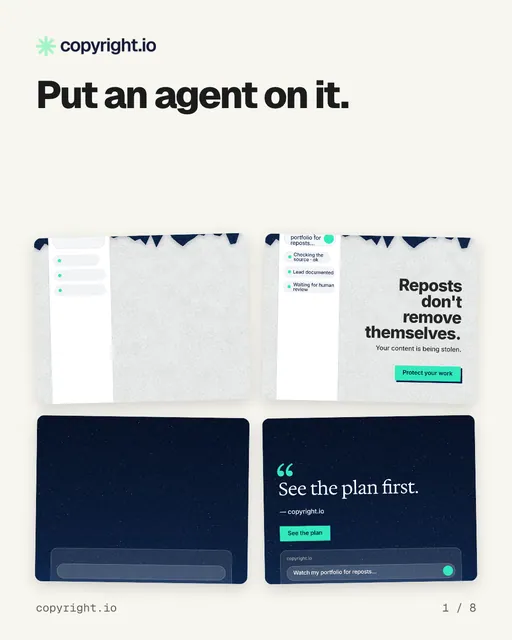 Carousel for copyright.io: "Put an agent on it.". Collection carousel, 8 slides, light palette.
