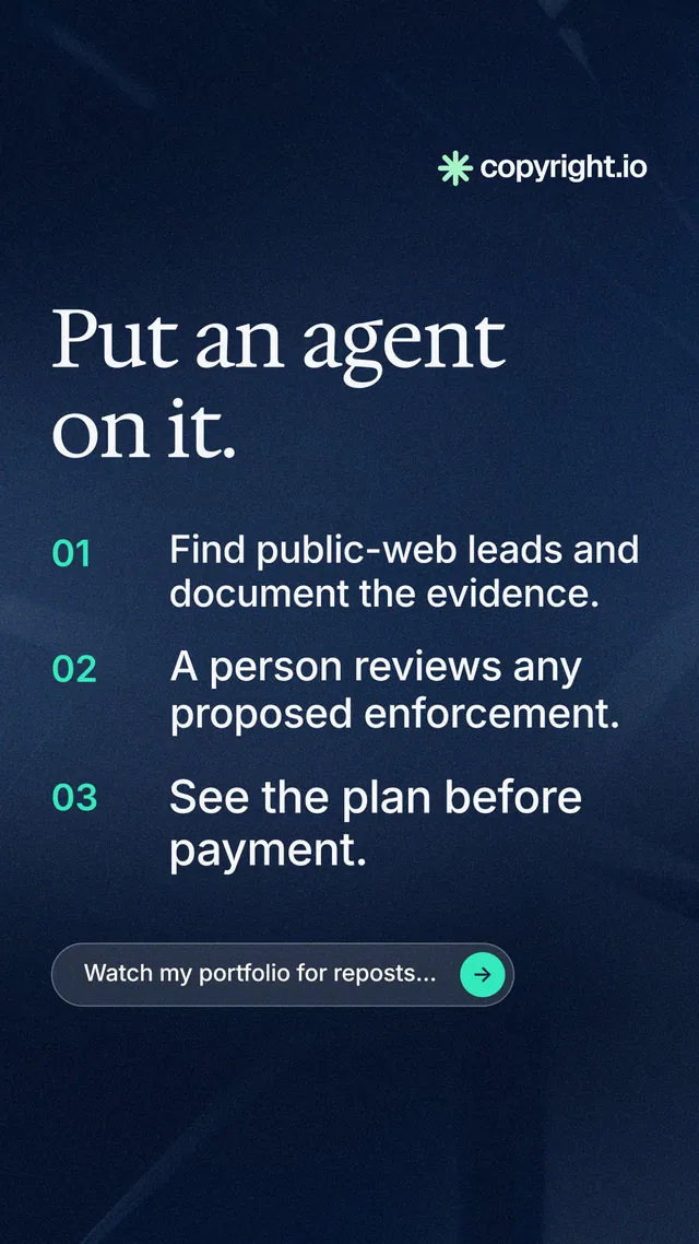 Instagram story for copyright.io: "Put an agent on it." Agentic glass style, numbered layout, dark palette in black, blue, grey.